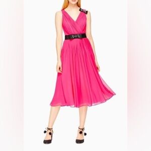 Kate Spade Pink Chiffon Midi Dress with Black Beaded Belt ~ Sz 0